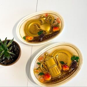 Vintage Japan Wall Plaques Chalkware Teapot Fruit Set 2